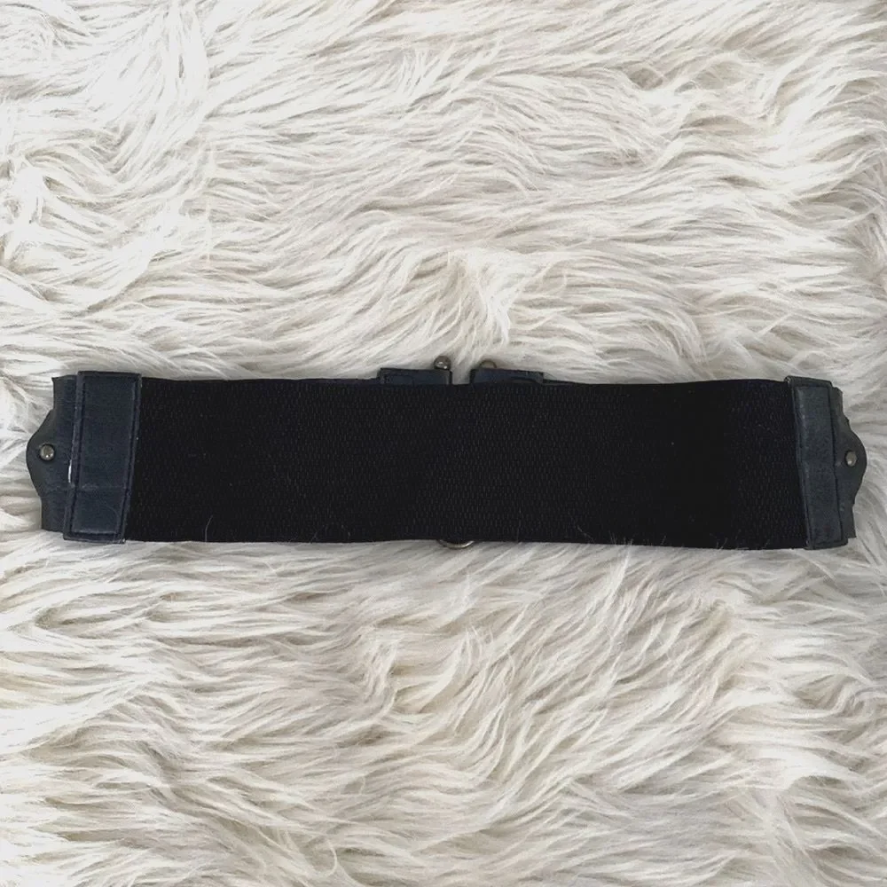 Vintage Black Vegan Leather Belt with Studded Elastic Back, Hook Front Boho Chic